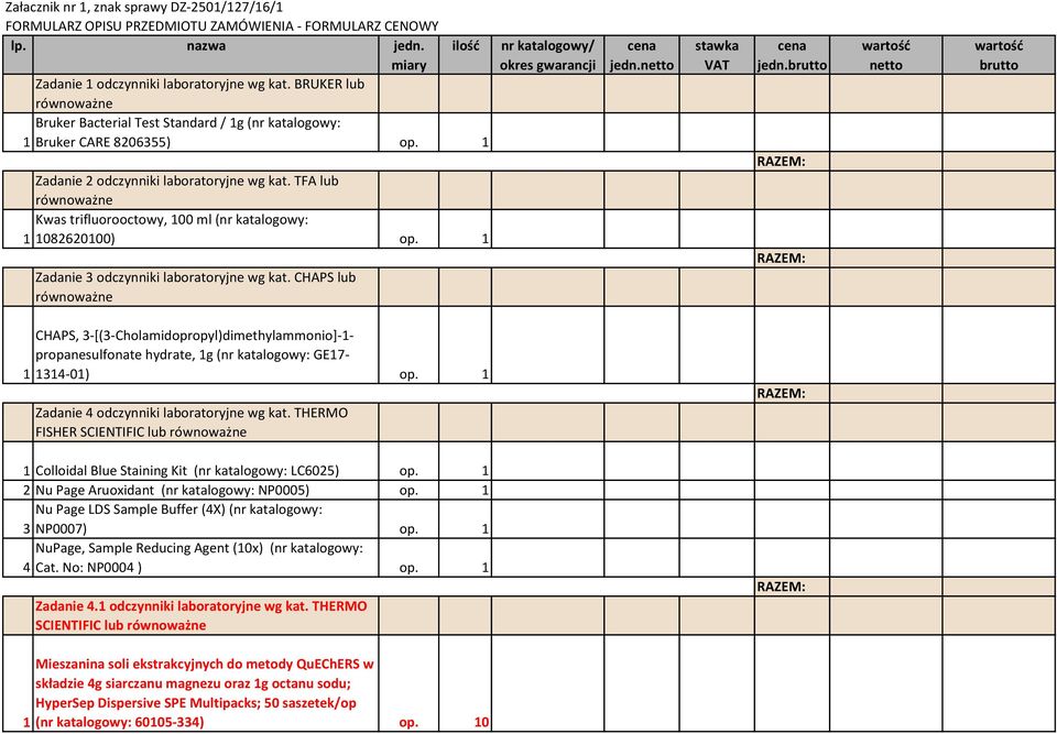 TFA lub Kwas trifluorooctowy, 100 ml (nr katalogowy: 1 1082620100) op. 1 Zadanie 3 odczynniki laboratoryjne wg kat. CHAPS lub nr katalogowy/ okres gwarancji cena jedn.netto stawka VAT cena jedn.