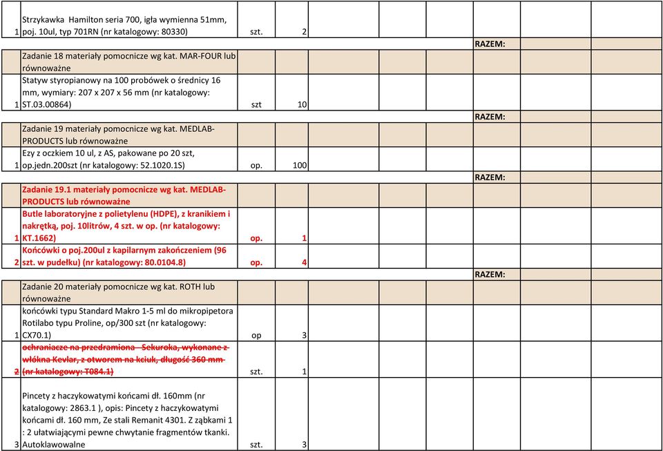 MEDLAB- PRODUCTS lub Ezy z oczkiem 10 ul, z AS, pakowane po 20 szt, 1 op.jedn.200szt (nr katalogowy: 52.1020.1S) op. 100 Zadanie 19.1 materiały pomocnicze wg kat.