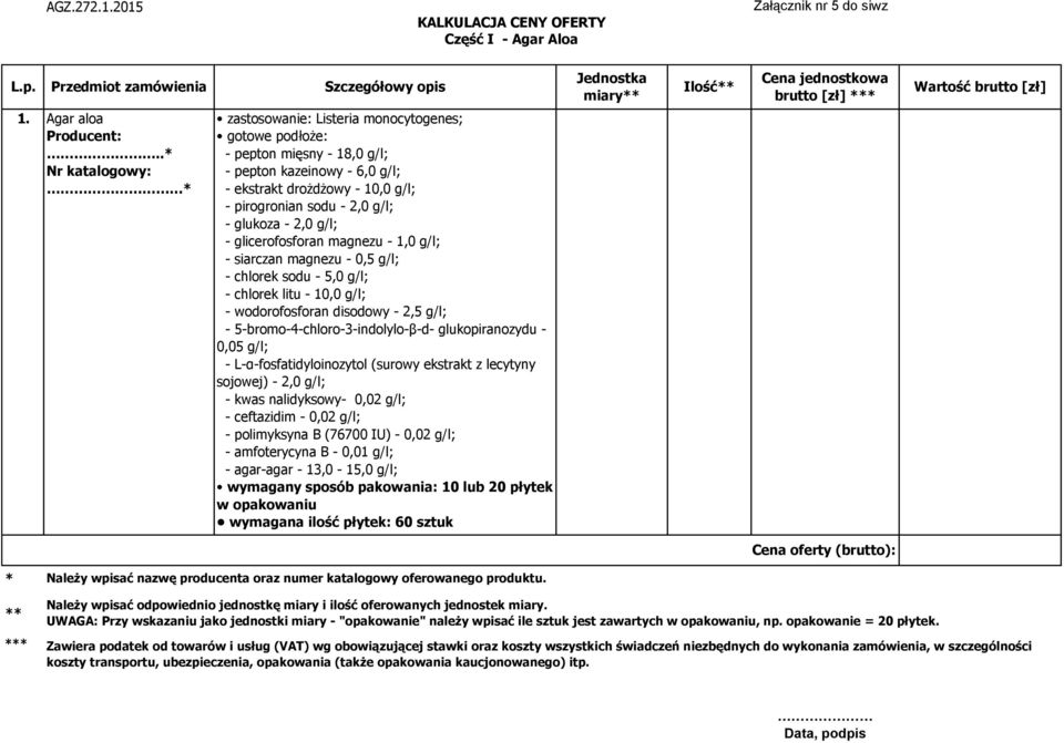 Agar aloa zastosowanie: Listeria monocytogenes; gotowe podłoże: - pepton mięsny - 18,0 g/l; - pepton kazeinowy - 6,0 g/l; - ekstrakt drożdżowy - 10,0 g/l; - pirogronian sodu - 2,0 g/l; - glukoza -