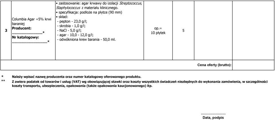 ml. op.= 10 płytek 5 Cena oferty (brutto): * ** Należy wpisać nazwę producenta oraz numer katalogowy oferowanego produktu.