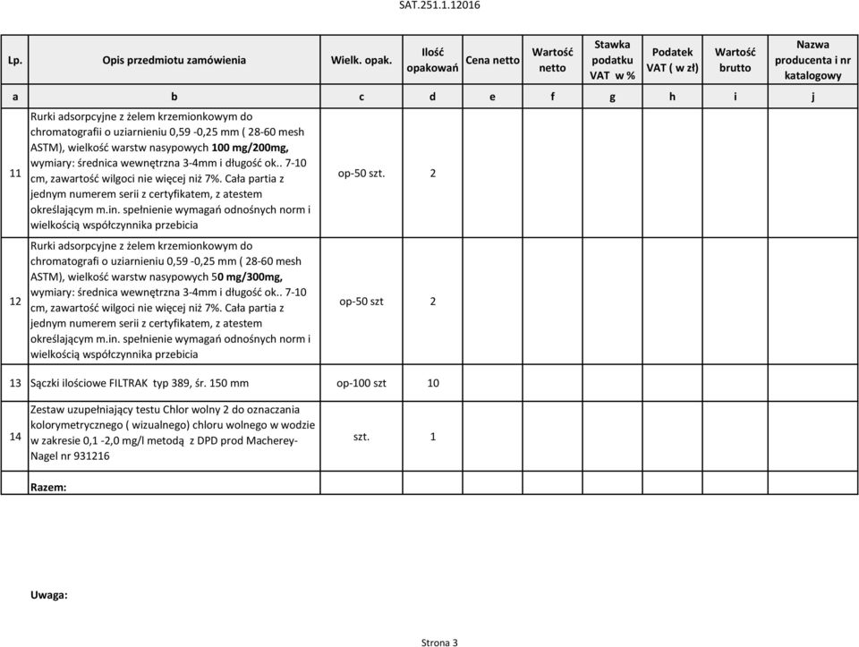 warstw nasypowych 100 mg/200mg, wymiary: średnica wewnętrzna 3-4mm i długość ok.. 7-10 cm, zawartość wilgoci nie więcej niż 7%.