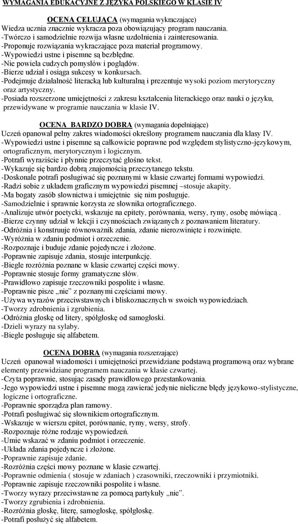 -Nie powiela cudzych pomysłów i poglądów. -Bierze udział i osiąga sukcesy w konkursach. -Podejmuje działalność literacką lub kulturalną i prezentuje wysoki poziom merytoryczny oraz artystyczny.