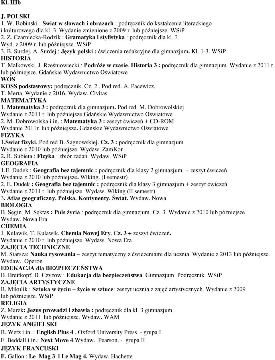 lub późniejsze. M. Starsza: Nauka rysowania zeszyt tematyczny z ćwiczeniami dla ucznia. Wydanie z 2013 lub późniejsze. Wydaw. Operon B. Wetz i in. : English Plus 4.