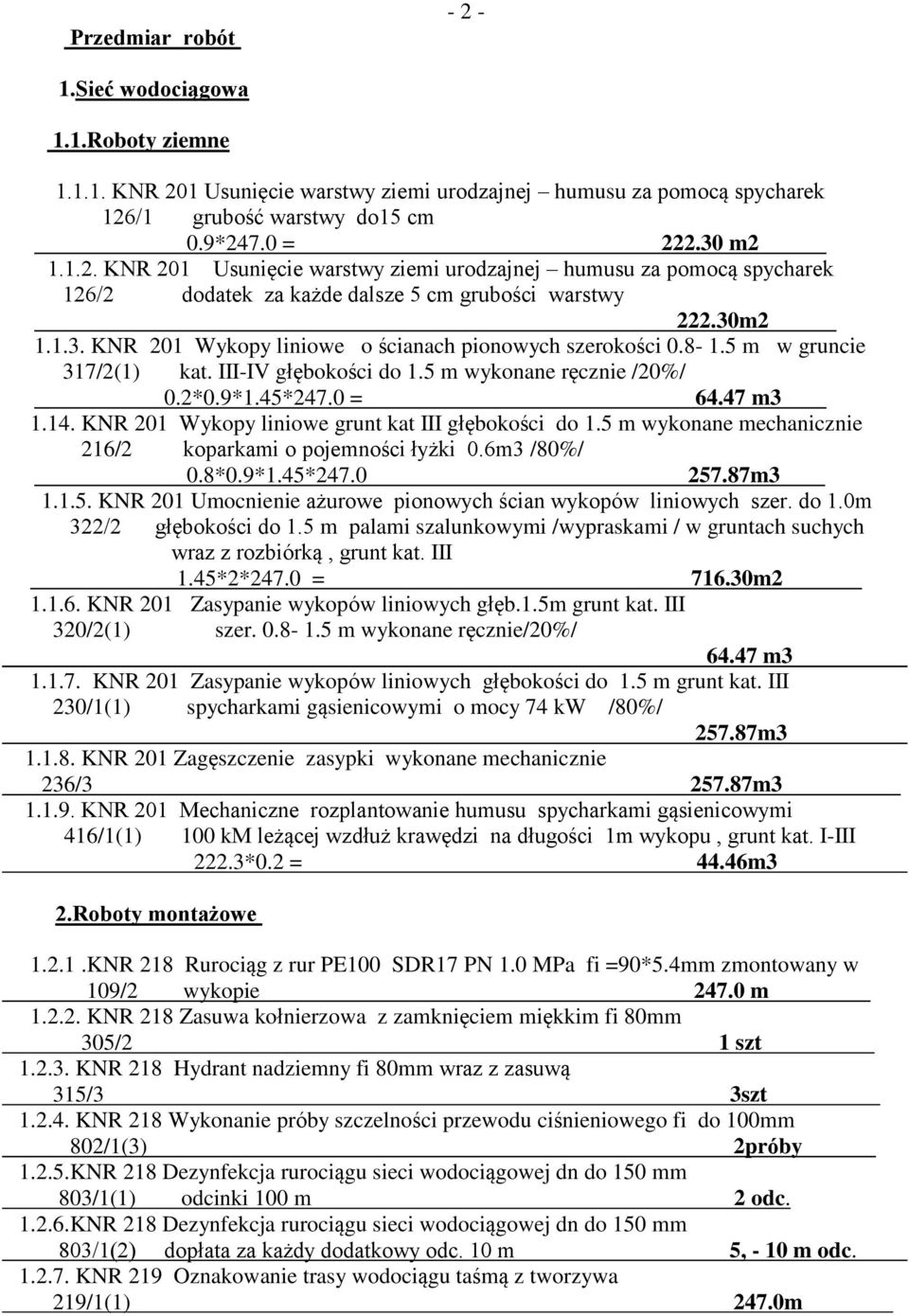 KNR 201 Wykopy liniowe grunt kat III głębokości do 1.5 m wykonane mechanicznie 216/2 koparkami o pojemności łyżki 0.6m3 /80%/ 0.8*0.9*1.45*247.0 257.87m3 1.1.5. KNR 201 Umocnienie ażurowe pionowych ścian wykopów liniowych szer.