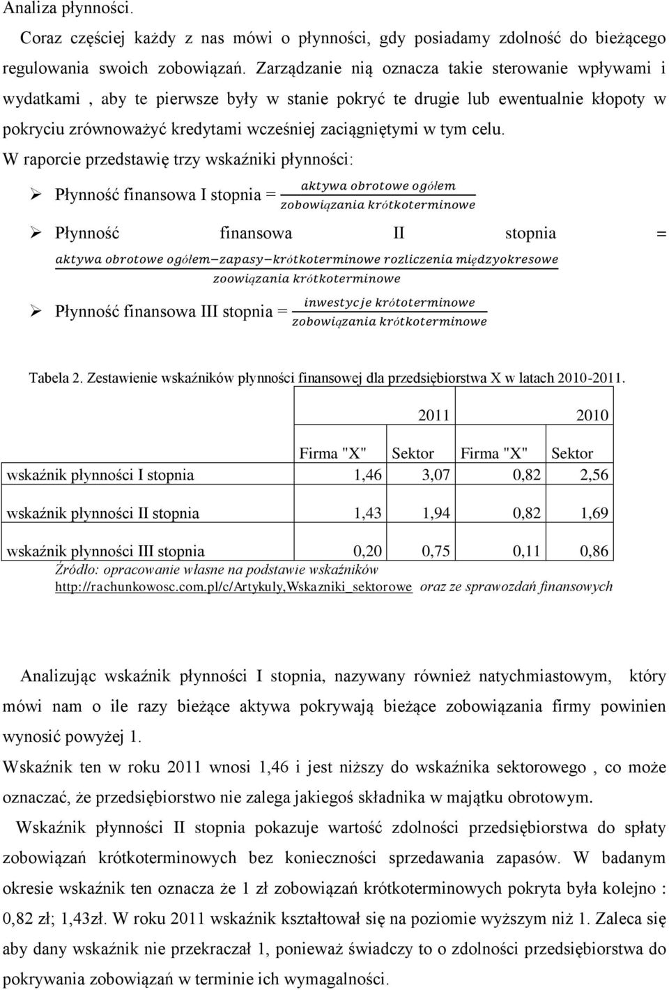 celu. W raporcie przedstawię trzy wskaźniki płynności: Płynność finansowa I stopnia = Płynność finansowa II stopnia = Płynność finansowa III stopnia = Tabela 2.