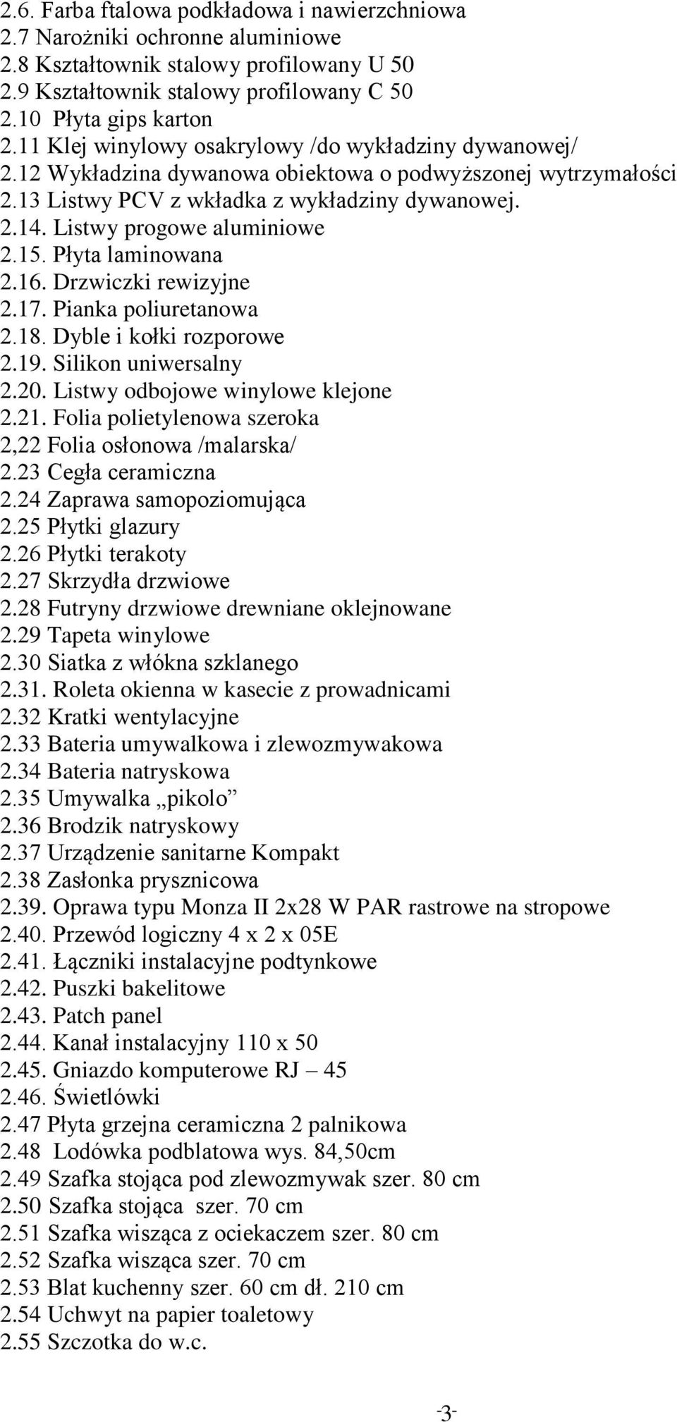Listwy progowe aluminiowe 2.15. Płyta laminowana 2.16. Drzwiczki rewizyjne 2.17. Pianka poliuretanowa 2.18. Dyble i kołki rozporowe 2.19. Silikon uniwersalny 2.20. Listwy odbojowe winylowe klejone 2.