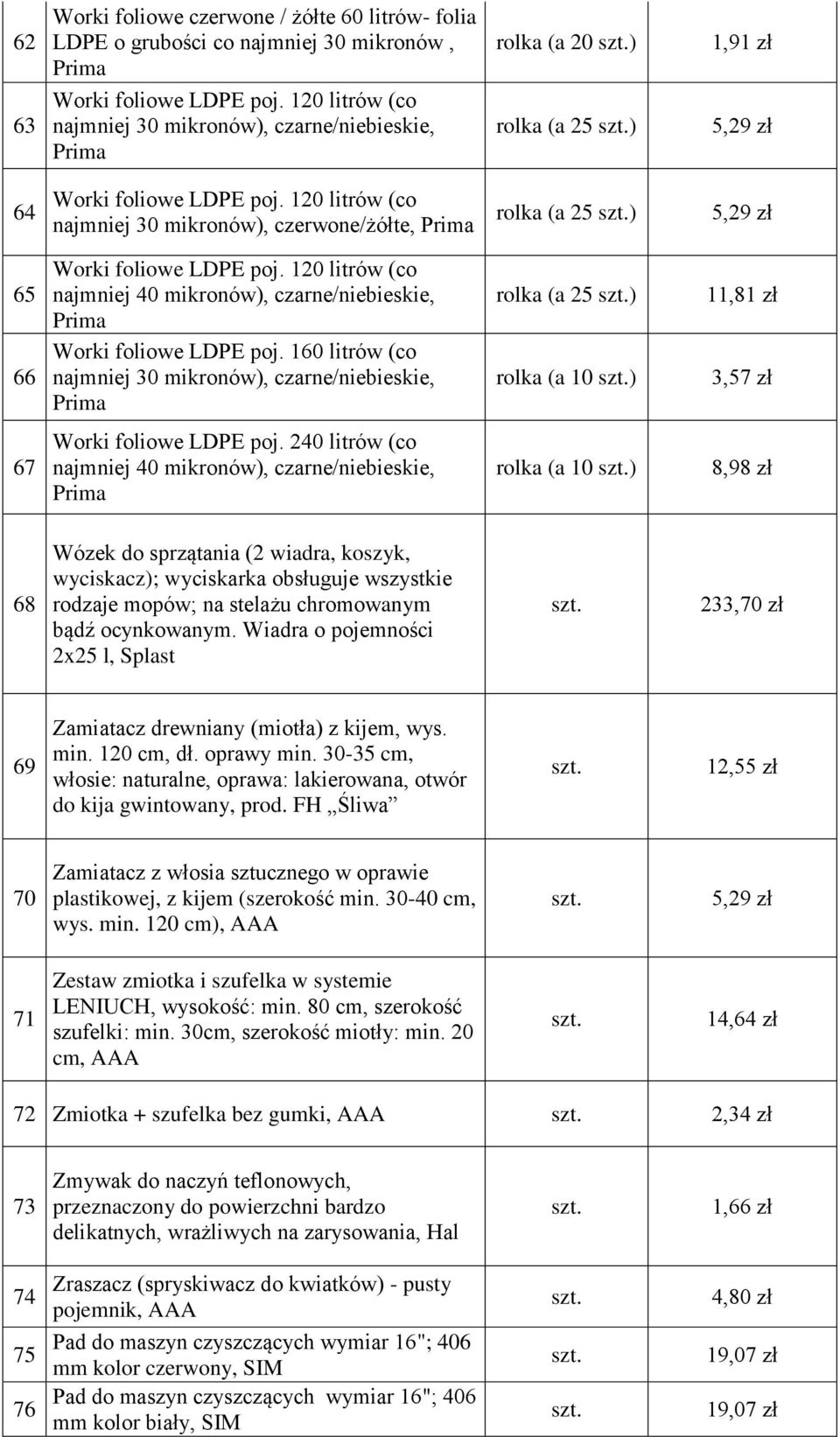 120 litrów (co najmniej 30 mikronów), czerwone/żółte, rolka (a 25 ) 5,29 zł 65 66 Worki foliowe LDPE poj. 120 litrów (co najmniej 40 mikronów), czarne/niebieskie, Worki foliowe LDPE poj.