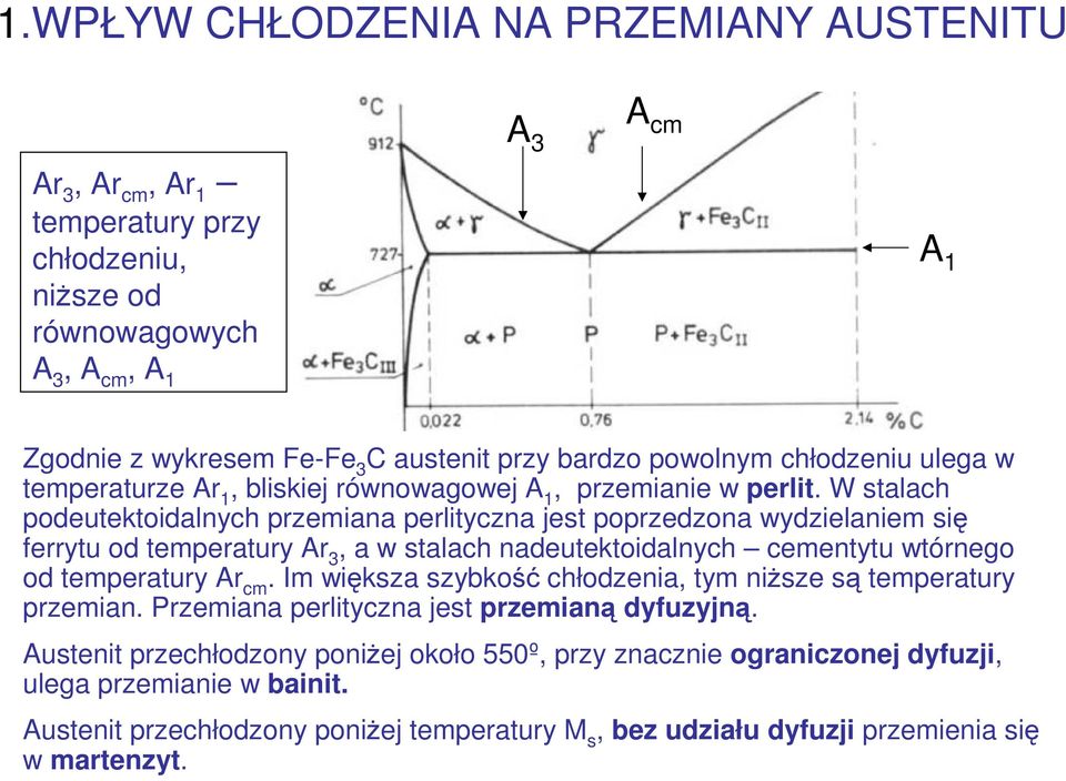 W stalach podeutektoidalnych przemiana perlityczna jest poprzedzona wydzielaniem się ferrytu od temperatury Ar 3, a w stalach nadeutektoidalnych cementytu wtórnego od temperatury Ar cm.