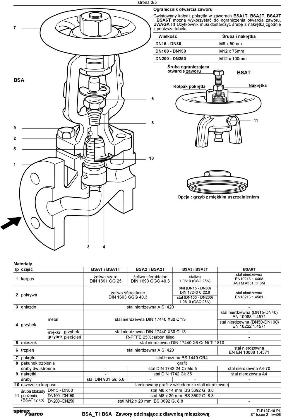 Wielkość DN15 - DN80 DN0 - DN150 DN200 - DN250 Śruba ograniczająca otwarcie zaworu Kołpak pokrętła Śruba i nakrętka M8 x 50mm M12 x 75mm M12 x 0mm BSAT Nakrętka 6 9 2 5 1 8 11 Opcja : grzyb z miękkim