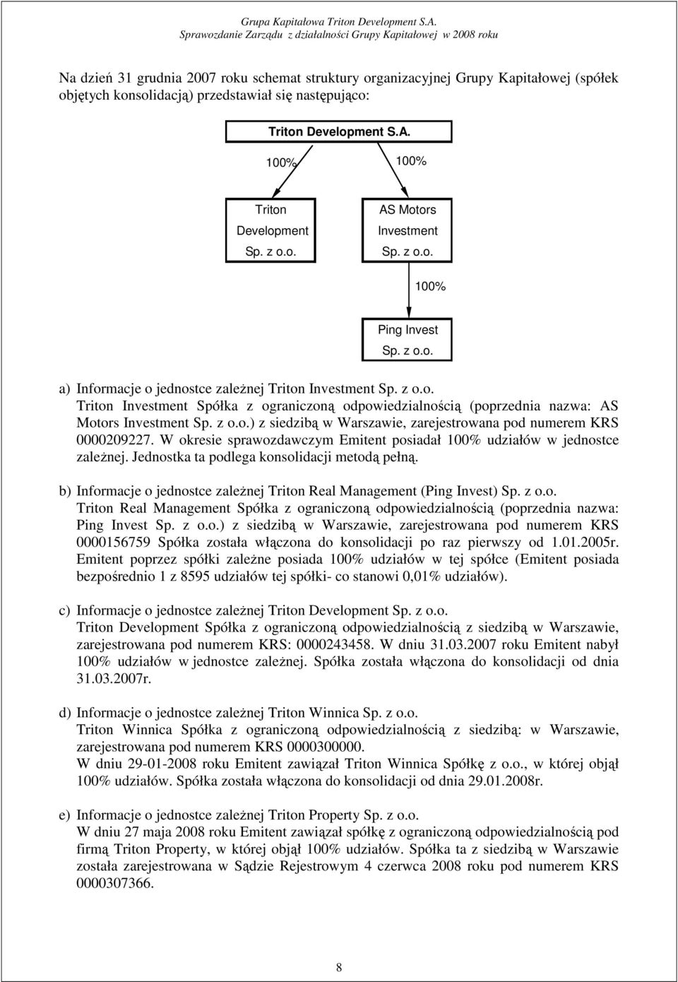 z o.o.) z siedzibą w Warszawie, zarejestrowana pod numerem KRS 0000209227. W okresie sprawozdawczym Emitent posiadał 100% udziałów w jednostce zaleŝnej. Jednostka ta podlega konsolidacji metodą pełną.