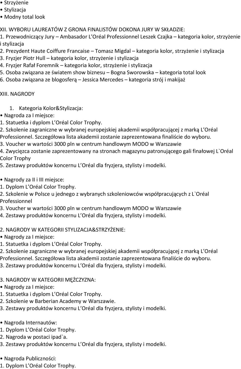 Prezydent Haute Coiffure Francaise Tomasz Migdal kategoria kolor, strzyżenie i stylizacja 3. Fryzjer Piotr Hull kategoria kolor, strzyżenie i stylizacja 4.