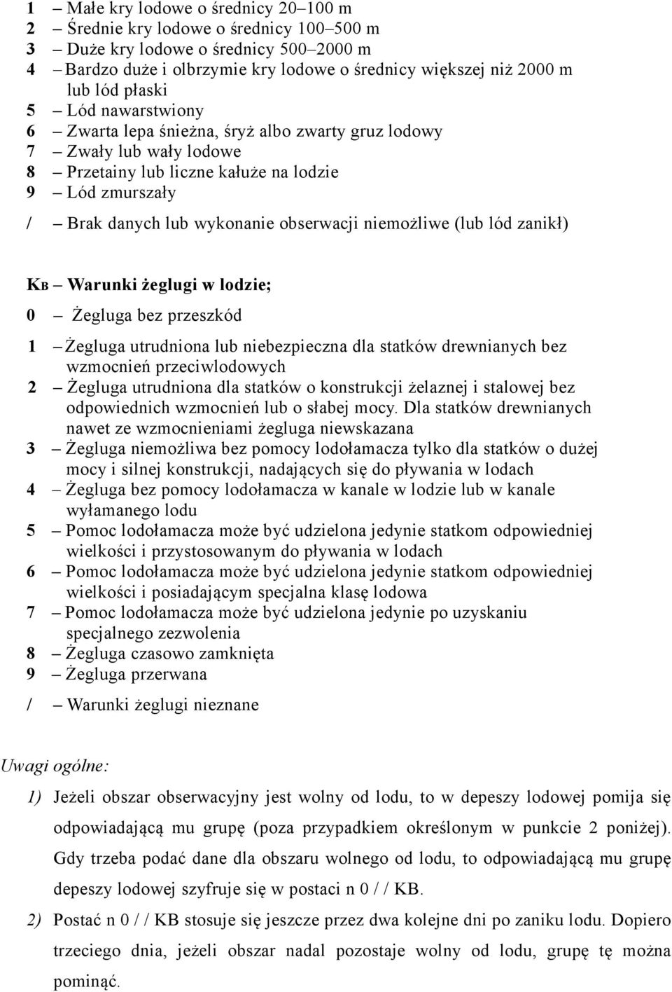 niemożliwe (lub lód zanikł) KB Warunki żeglugi w lodzie; 0 Żegluga bez przeszkód 1 Żegluga utrudniona lub niebezpieczna dla statków drewnianych bez wzmocnień przeciwlodowych 2 Żegluga utrudniona dla