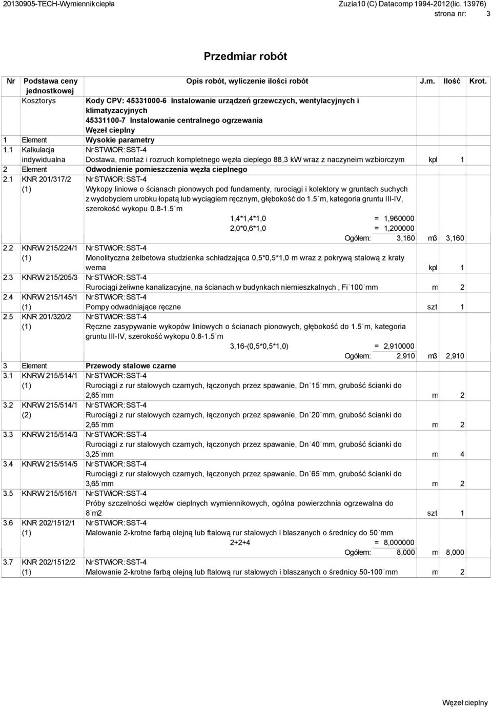 1 Kalkulacja indywidualna Dostawa, montaż i rozruch kompletnego węzła cieplego 88,3 kw wraz z naczyneim wzbiorczym kpl 1 2 Element Odwodnienie pomieszczenia węzła cieplnego 2.