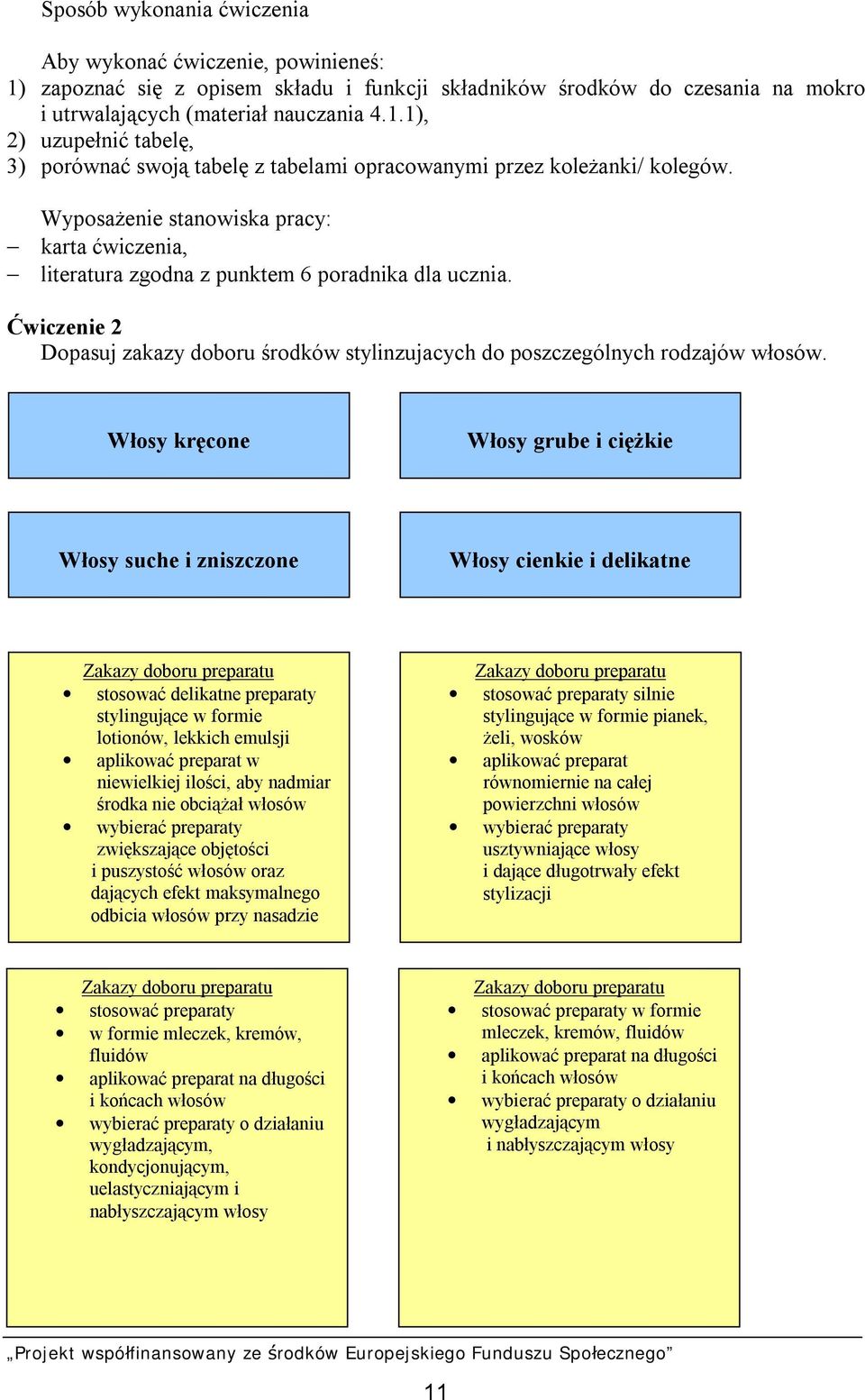 Włosy kręcone Włosy grube i ciężkie Włosy suche i zniszczone Włosy cienkie i delikatne Zakazy doboru preparatu stosować delikatne preparaty stylingujące w formie lotionów, lekkich emulsji aplikować