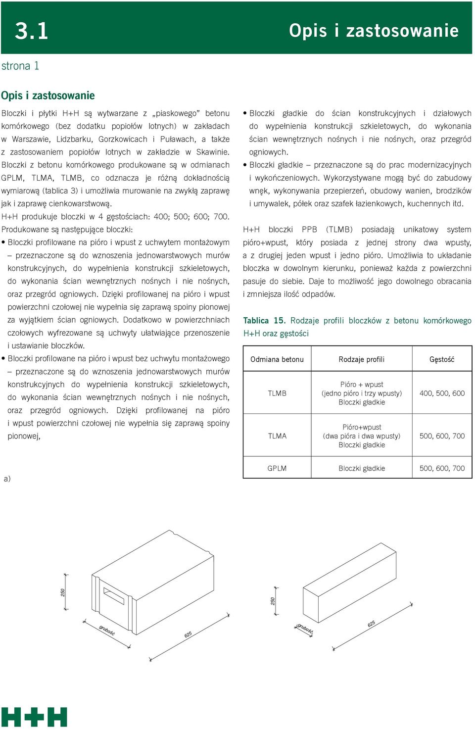 Bloczki z betonu komórkowego produkowane są w odmianach GPLM, TLMA, TLMB, co odznacza je różną dokładnością wymiarową (tablica 3) i umożliwia murowanie na zwykłą zaprawę jak i zaprawę cienkowarstwową.