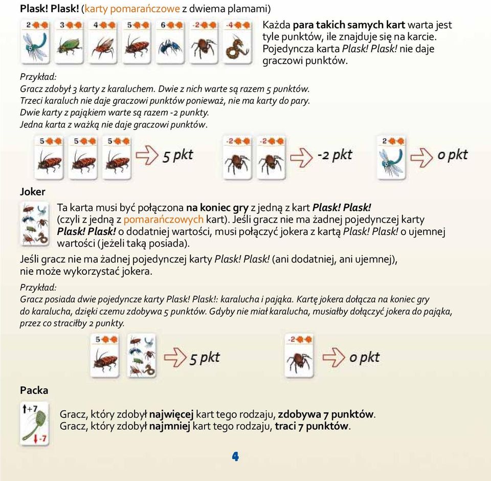 Jedna karta z ważką nie daje graczowi punktów. Joker Ta karta musi być połączona na koniec gry z jedną z kart Plask! Plask! (czyli z jedną z pomarańczowych kart).