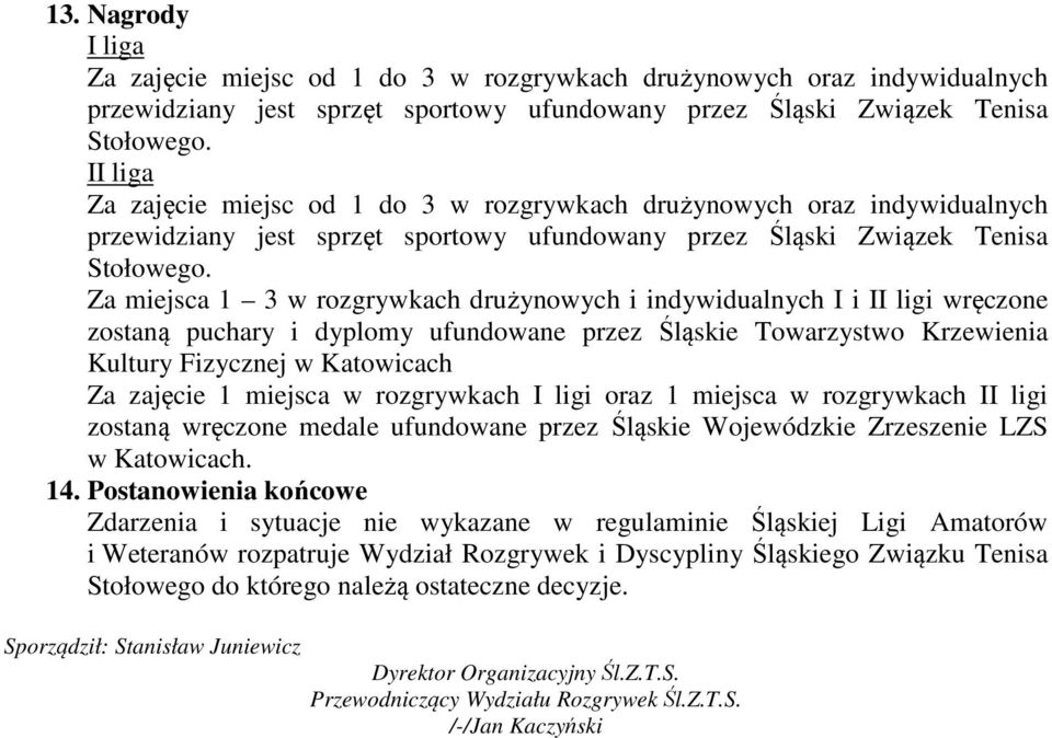 Za miejsca 1 3 w rozgrywkach drużynowych i indywidualnych I i II ligi wręczone zostaną puchary i dyplomy ufundowane przez Śląskie Towarzystwo Krzewienia Kultury Fizycznej w Katowicach Za zajęcie 1