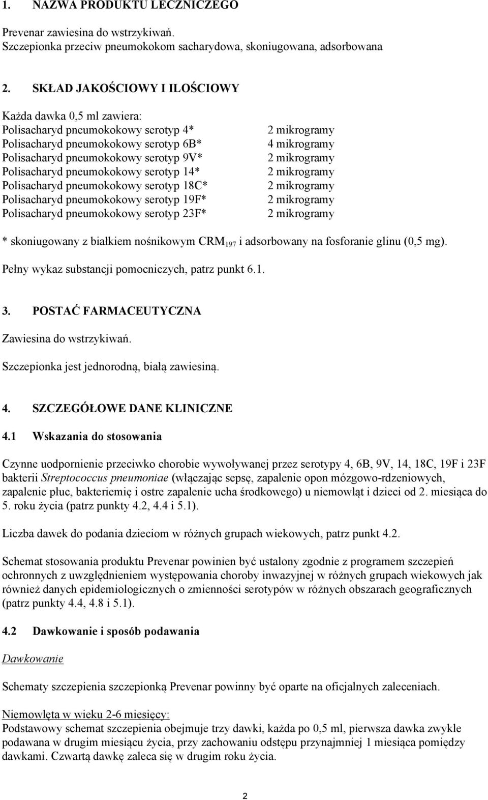 serotyp 14* Polisacharyd pneumokokowy serotyp 18C* Polisacharyd pneumokokowy serotyp 19F* Polisacharyd pneumokokowy serotyp 23F* 2 mikrogramy 4 mikrogramy 2 mikrogramy 2 mikrogramy 2 mikrogramy 2