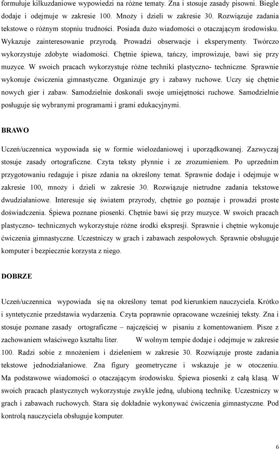 Twórczo wykorzystuje zdobyte wiadomości. Chętnie śpiewa, tańczy, improwizuje, bawi się przy muzyce. W swoich pracach wykorzystuje różne techniki plastyczno- techniczne.