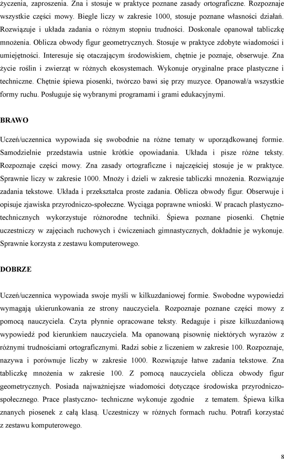 Interesuje się otaczającym środowiskiem, chętnie je poznaje, obserwuje. Zna życie roślin i zwierząt w różnych ekosystemach. Wykonuje oryginalne prace plastyczne i techniczne.