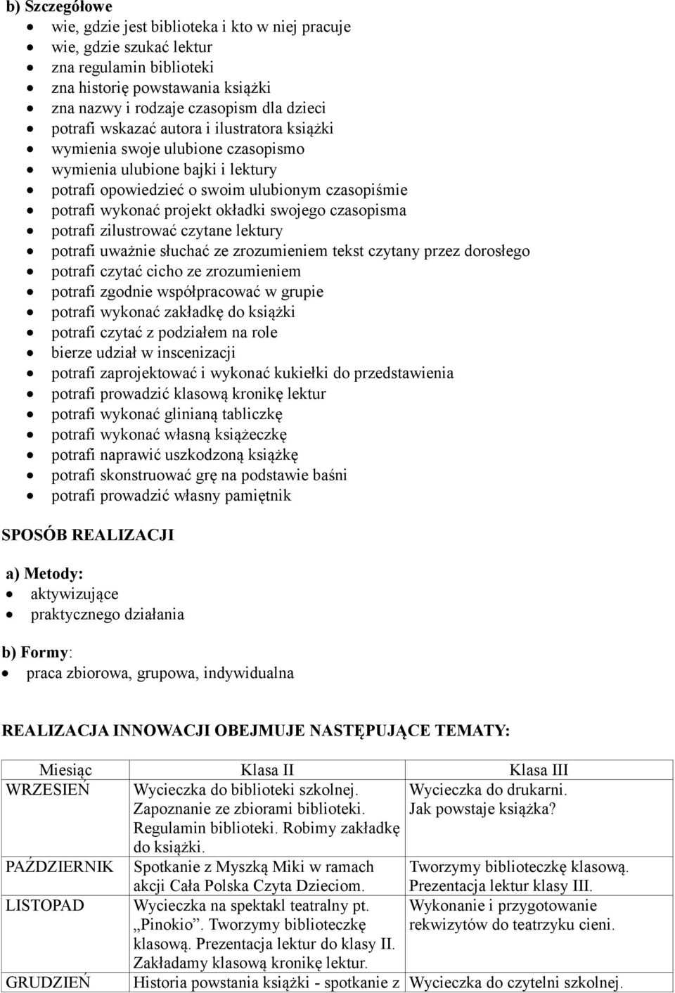 czasopisma potrafi zilustrować czytane lektury potrafi uważnie słuchać ze zrozumieniem tekst czytany przez dorosłego potrafi czytać cicho ze zrozumieniem potrafi zgodnie współpracować w grupie
