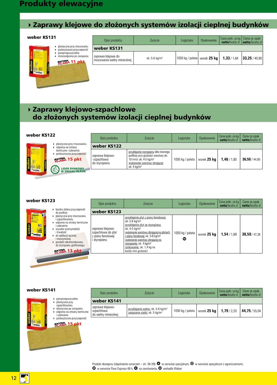 5-6 kg/m² 050 kg / paleta worek 5 kg, /,64,5 / 40,90 Zaprawy klejowo-szpachlowe do złożonych systemów izolacji cieplnej budynków weber KS plastyczna przy mocowaniu odporna na zmiany termiczne i