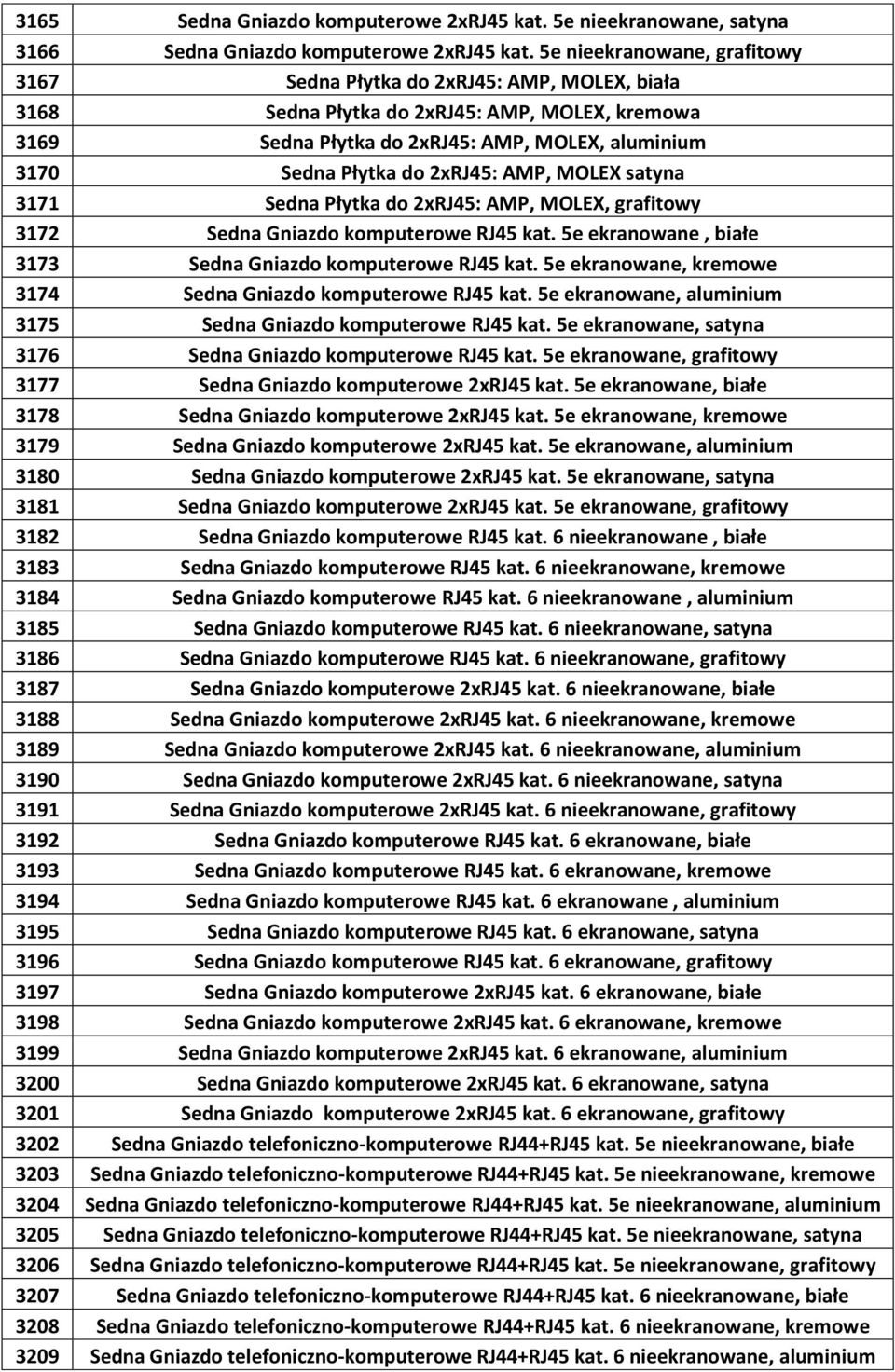 AP, OLEX satyna 3171 Sedna Płytka do 2xRJ45: AP, OLEX, grafitowy 3172 Sedna Gniazdo komputerowe RJ45 kat. 5e ekranowane, białe 3173 Sedna Gniazdo komputerowe RJ45 kat.