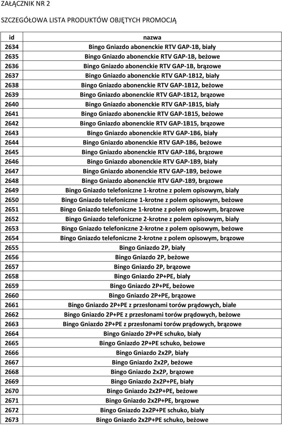 RTV GAP-1B15, biały 2641 Bingo Gniazdo abonenckie RTV GAP-1B15, beżowe 2642 Bingo Gniazdo abonenckie RTV GAP-1B15, brązowe 2643 Bingo Gniazdo abonenckie RTV GAP-1B6, biały 2644 Bingo Gniazdo