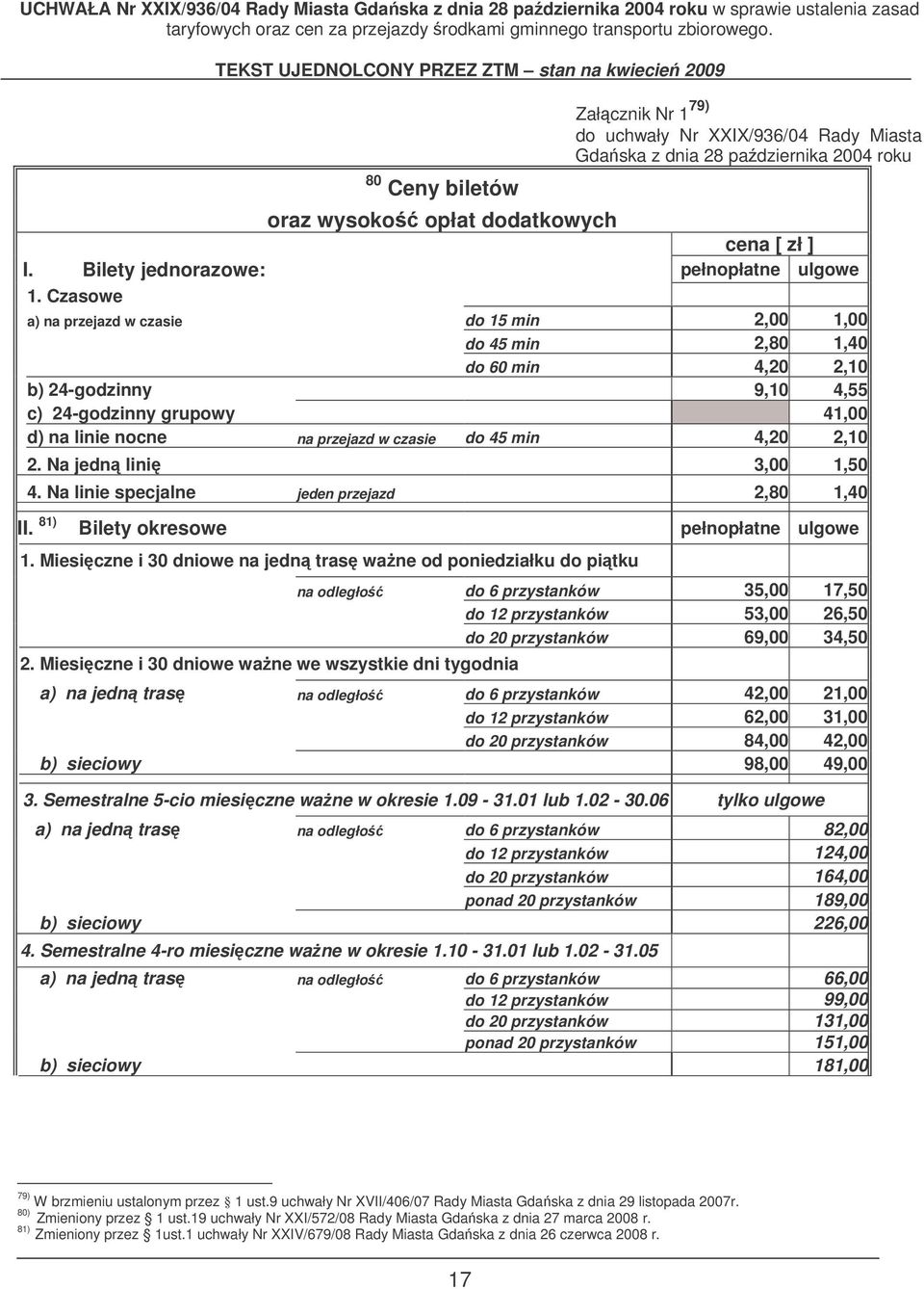 2,10 2. Na jedn lini 3,00 1,50 4. Na linie specjalne jeden przejazd 2,80 1,40 II. 81) Bilety okresowe pełnopłatne ulgowe 1. Miesiczne i 30 dniowe na jedn tras wane od poniedziałku do pitku 2.
