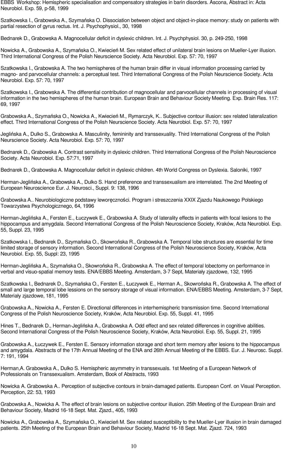 Magnocellular deficit in dyslexic children. Int. J. Psychphysiol. 30, p. 249-250, 1998 Nowicka A., Grabowska A., Szymańska O., Kwiecień M.