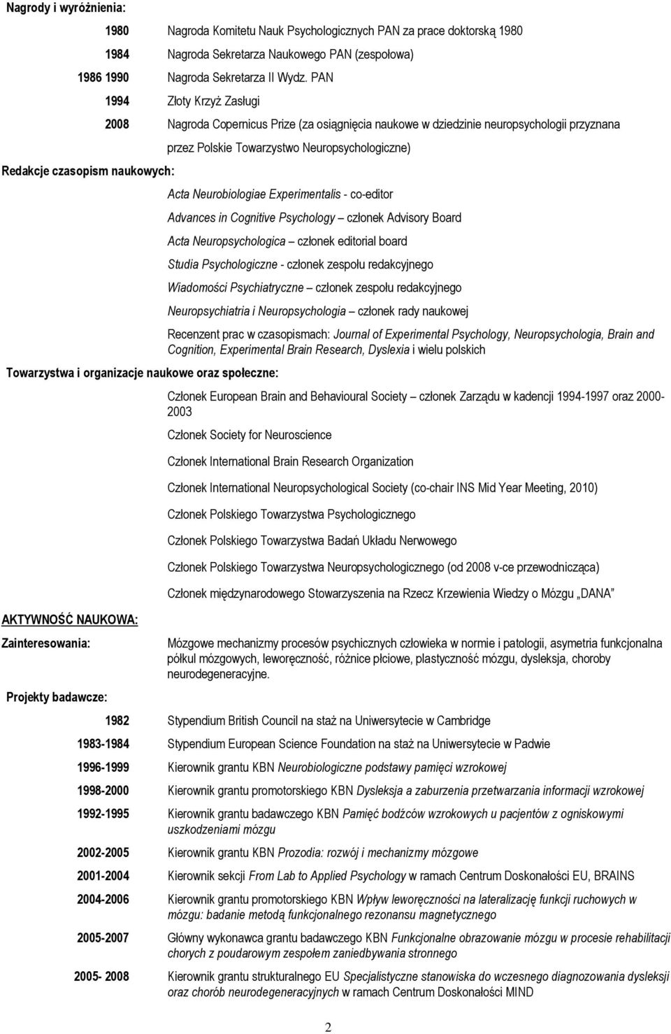 społeczne: AKTYWNOŚĆ NAUKOWA: Zainteresowania: Projekty badawcze: przez Polskie Towarzystwo Neuropsychologiczne) Acta Neurobiologiae Experimentalis - co-editor Advances in Cognitive Psychology
