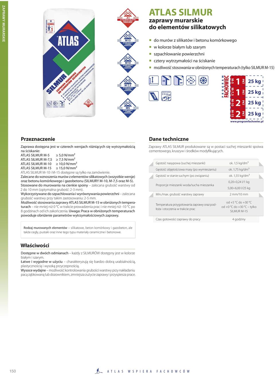 ściskanie: ATLAS SILMUR M-5 5,0 N/mm² ATLAS SILMUR M-7,5 7,5 N/mm² ATLAS SILMUR M-10 10,0 N/mm² ATLAS SILMUR M-15 15,0 N/mm² ATLAS SILMUR M-10 i M-15 dostępne są tylko na zamówienie.