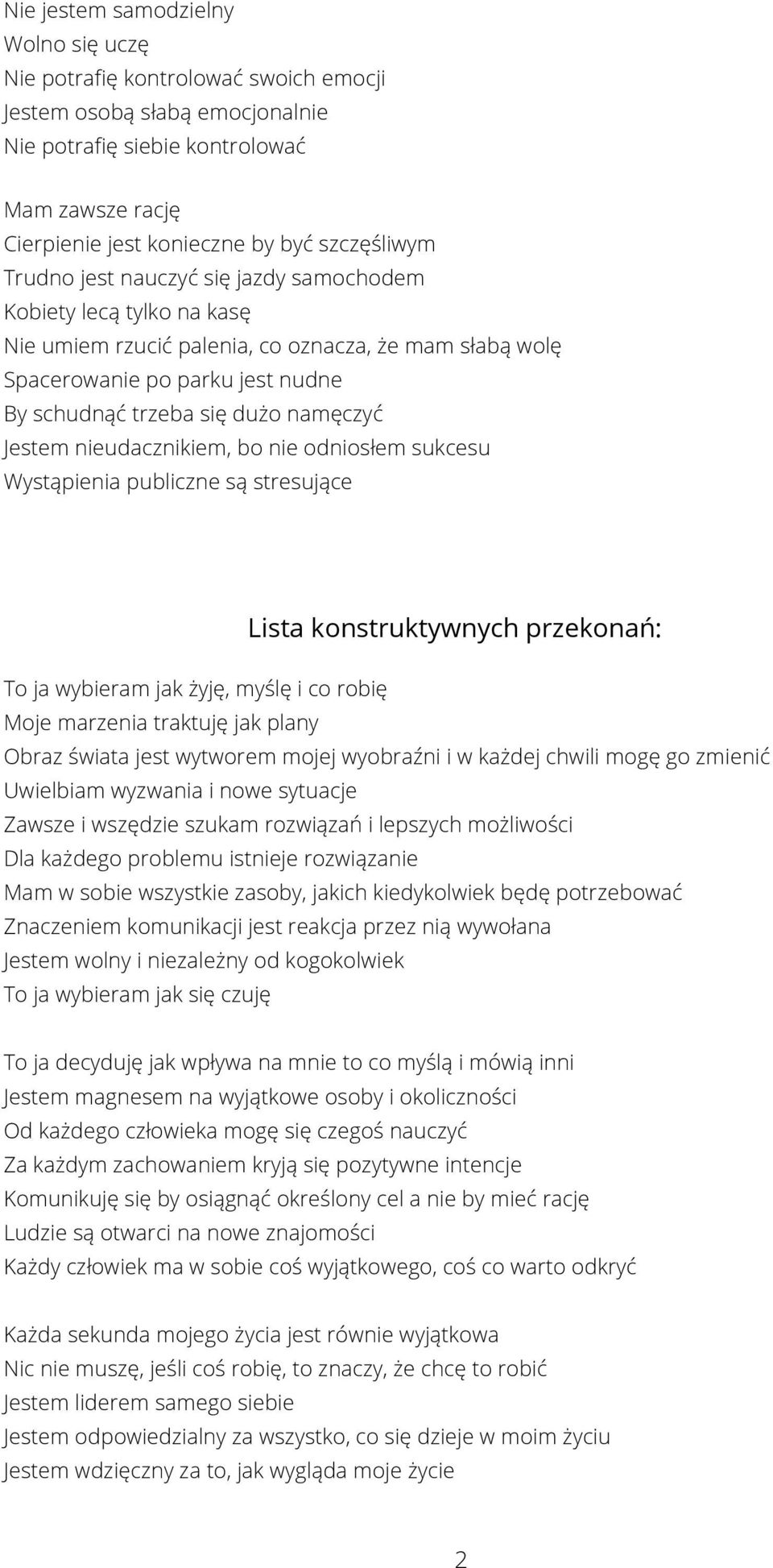 namęczyć Jestem nieudacznikiem, bo nie odniosłem sukcesu Wystąpienia publiczne są stresujące Lista konstruktywnych przekonań: To ja wybieram jak żyję, myślę i co robię Moje marzenia traktuję jak