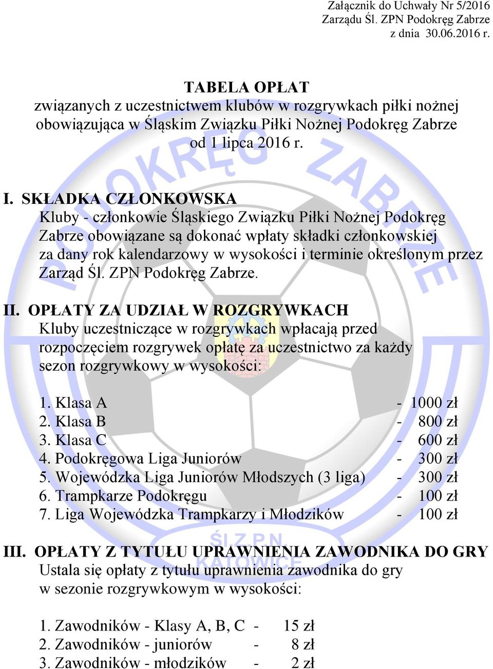SKŁADKA CZŁONKOWSKA Kluby - członkowie Śląskiego Związku Piłki Nożnej Podokręg Zabrze obowiązane są dokonać wpłaty składki członkowskiej za dany rok kalendarzowy w wysokości i terminie określonym
