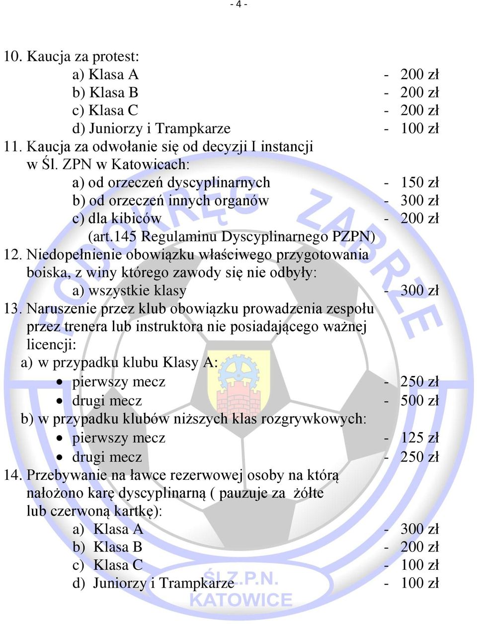 Niedopełnienie obowiązku właściwego przygotowania boiska, z winy którego zawody się nie odbyły: a) wszystkie klasy - 300 zł 13.