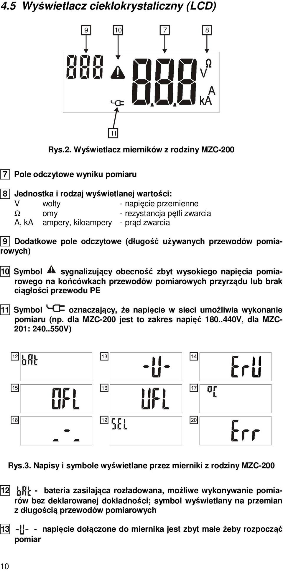 kiloampery - prąd zwarcia 9 Dodatkowe pole odczytowe (długość używanych przewodów pomiarowych) 10 11 Symbol sygnalizujący obecność zbyt wysokiego napięcia pomiarowego na końcówkach przewodów