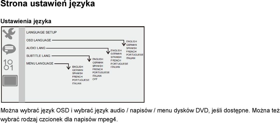 napisów / menu dysków DVD, jeśli dostępne.