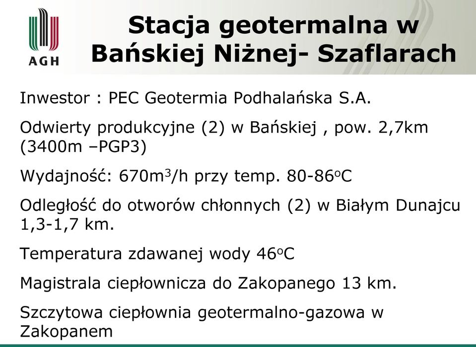 80-86 o C Odległość do otworów chłonnych (2) w Białym Dunajcu 1,3-1,7 km.