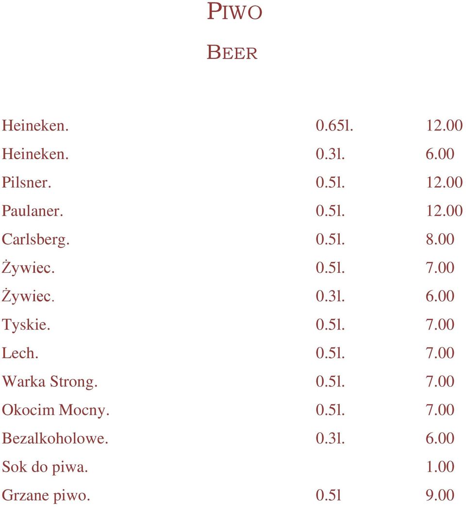 00 Tyskie. 0.5l. 7.00 Lech. 0.5l. 7.00 Warka Strong. 0.5l. 7.00 Okocim Mocny.
