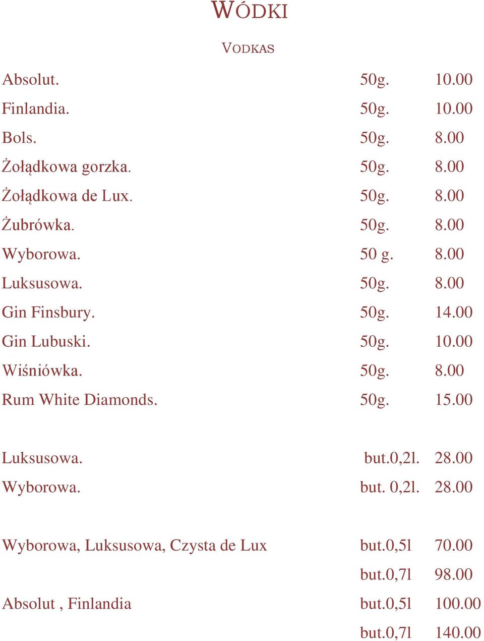 00 Wiśniówka. 50g. 8.00 Rum White Diamonds. 50g. 15.00 Luksusowa. but.0,2l. 28.