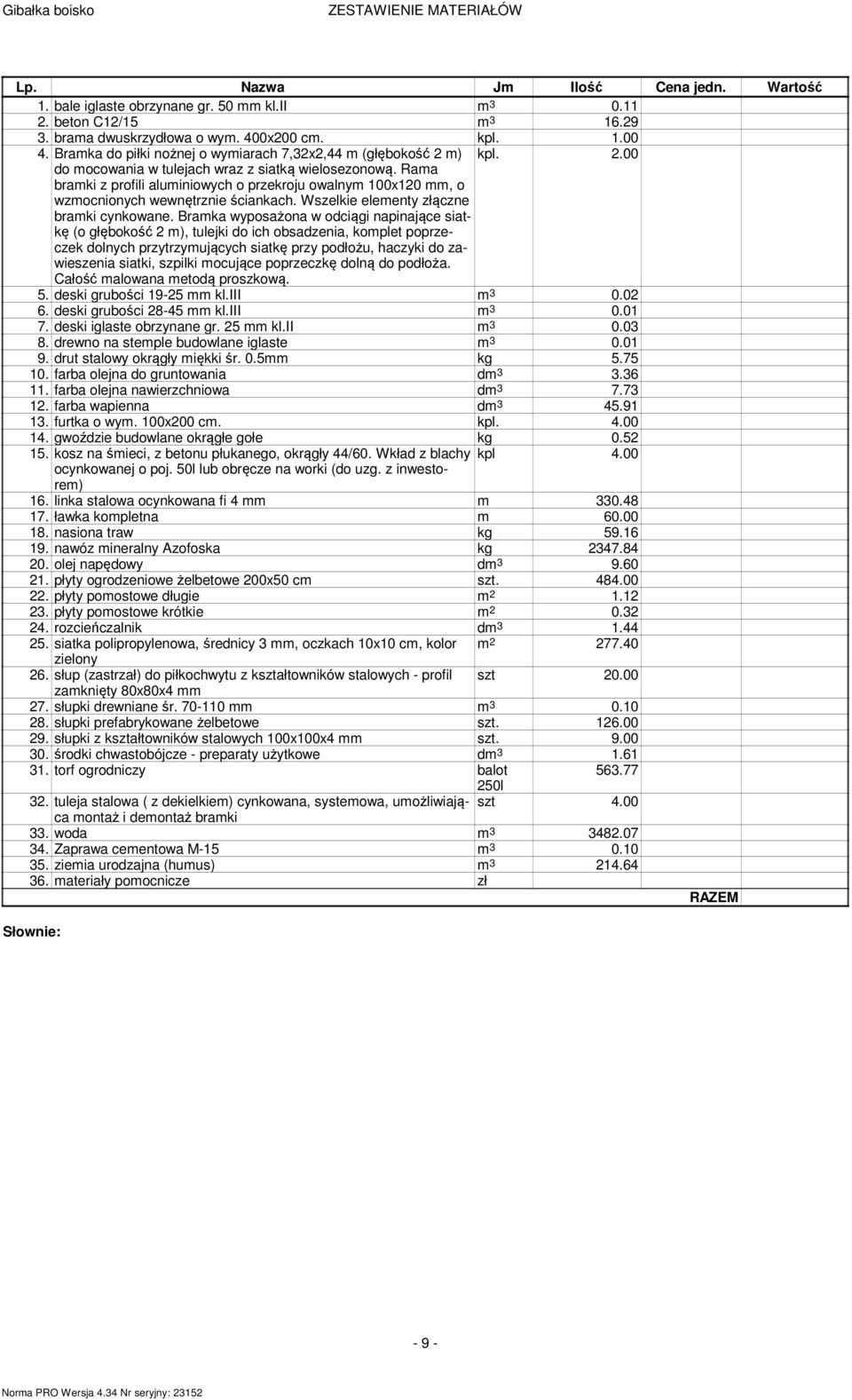 Rama bramki z profili aluminiowych o przekroju owalnym 100x120 mm, o wzmocnionych wewnętrznie ściankach. Wszelkie elementy złączne bramki cynkowane.