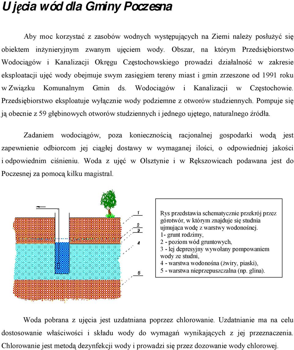 1991 roku w Związku Komunalnym Gmin ds. Wodociągów i Kanalizacji w Częstochowie. Przedsiębiorstwo eksploatuje wyłącznie wody podziemne z otworów studziennych.