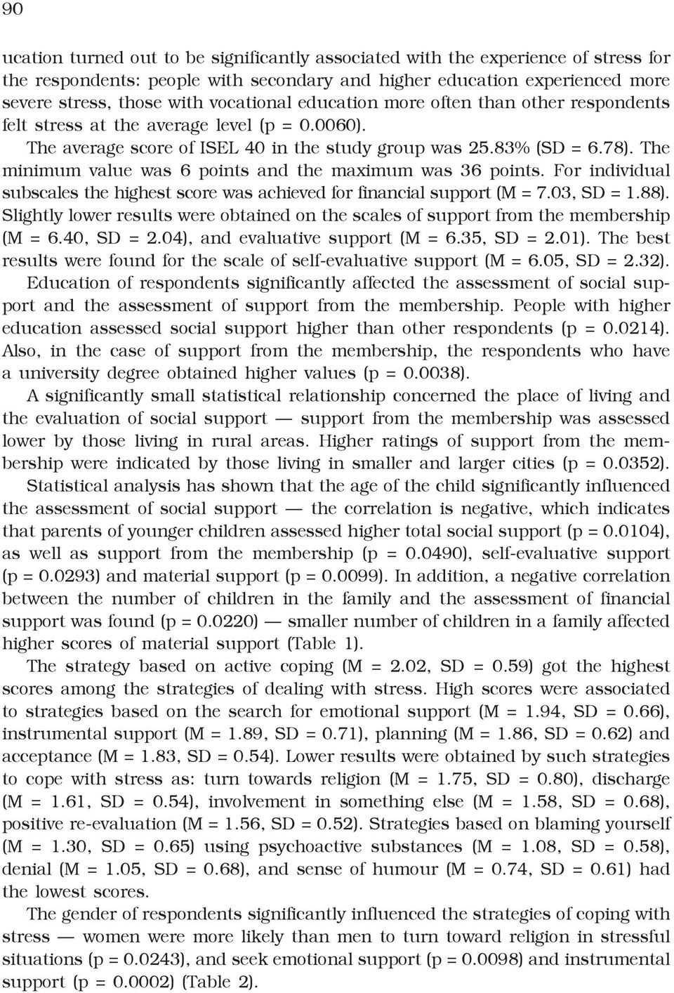 The minimum value was 6 points and the maximum was 36 points. For individual subscales the highest score was achieved for financial support (M = 7.03, SD = 1.88).