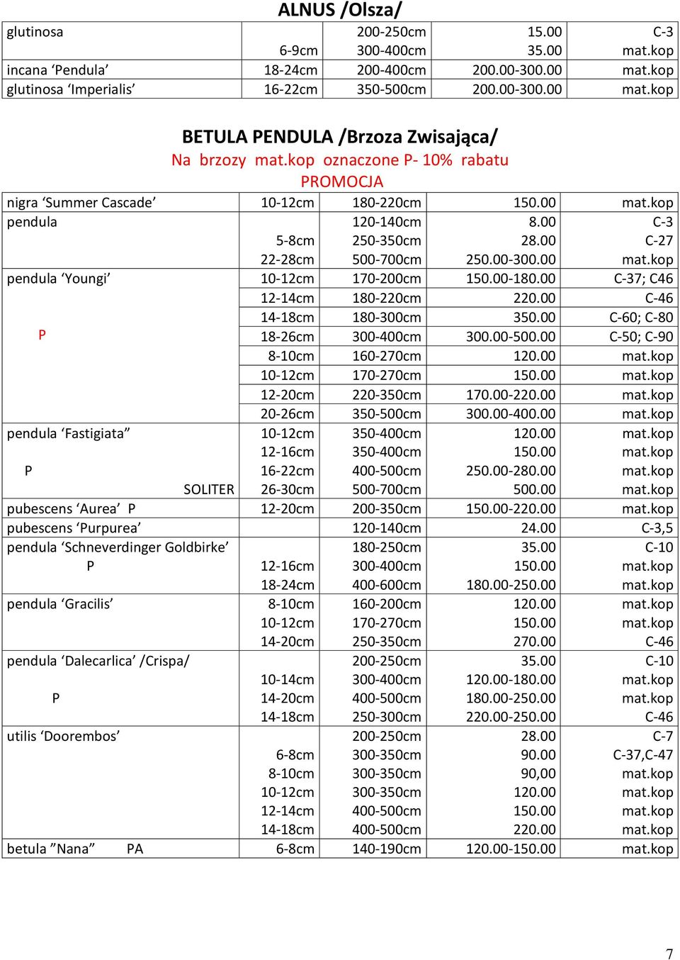 120-140cm 500-700cm 8.00 28.00 - C-27 pendula Youngi 170-200cm - 7; C46 C-46 180-300cm C-60; C-80 P 18-26cm -500.00 C-50; C-90 160-270cm 170-270cm 12-20cm 220-350cm 170.00-20-26cm 350-500cm -400.