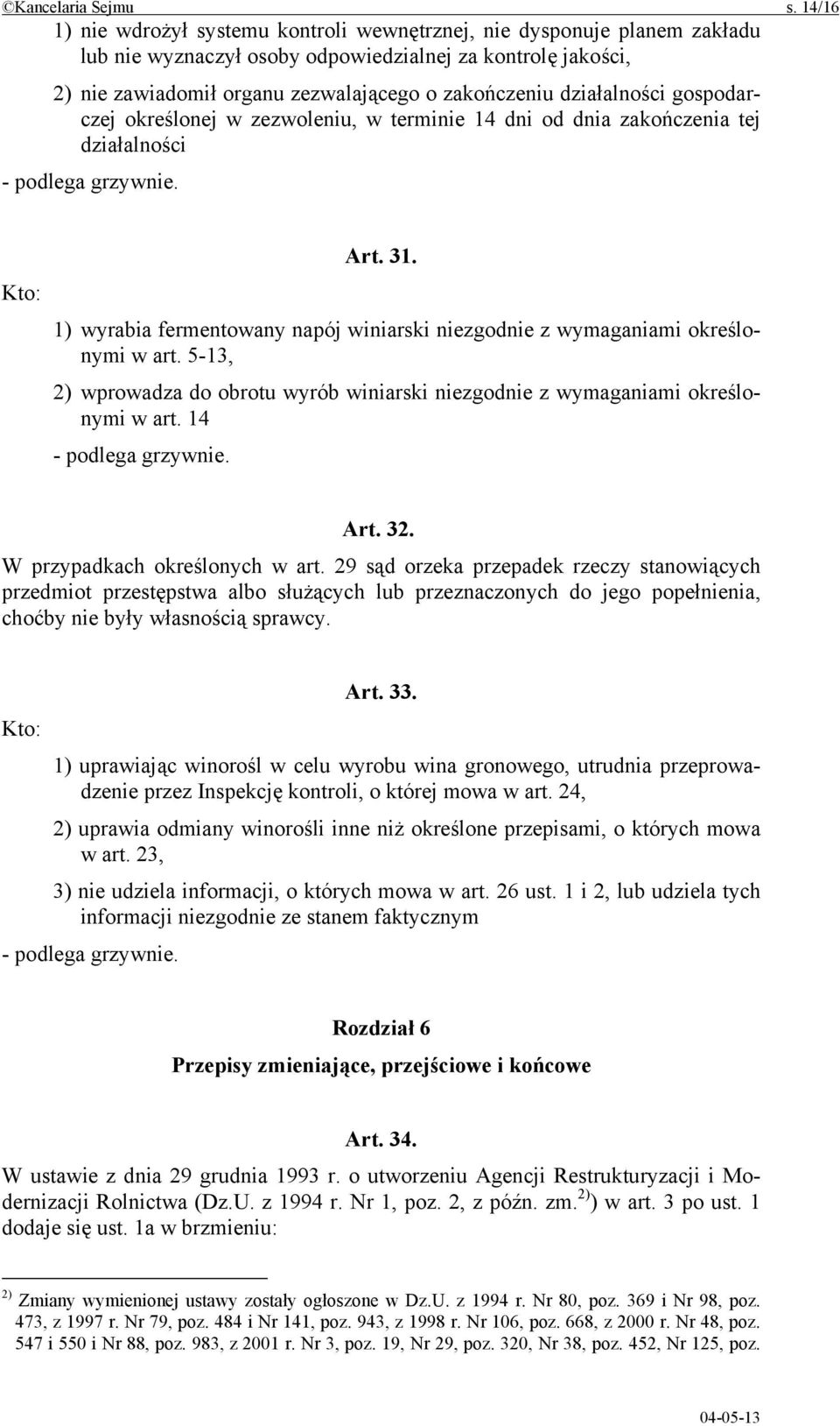 działalności gospodarczej określonej w zezwoleniu, w terminie 14 dni od dnia zakończenia tej działalności - podlega grzywnie. Kto: Art. 31.
