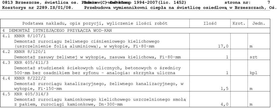 2 KNNR 8/120/1 Demontaż zasuwy żeliwnej w wykopie, zasuwa kielichowa, Fi 80 mm 1 szt 4.