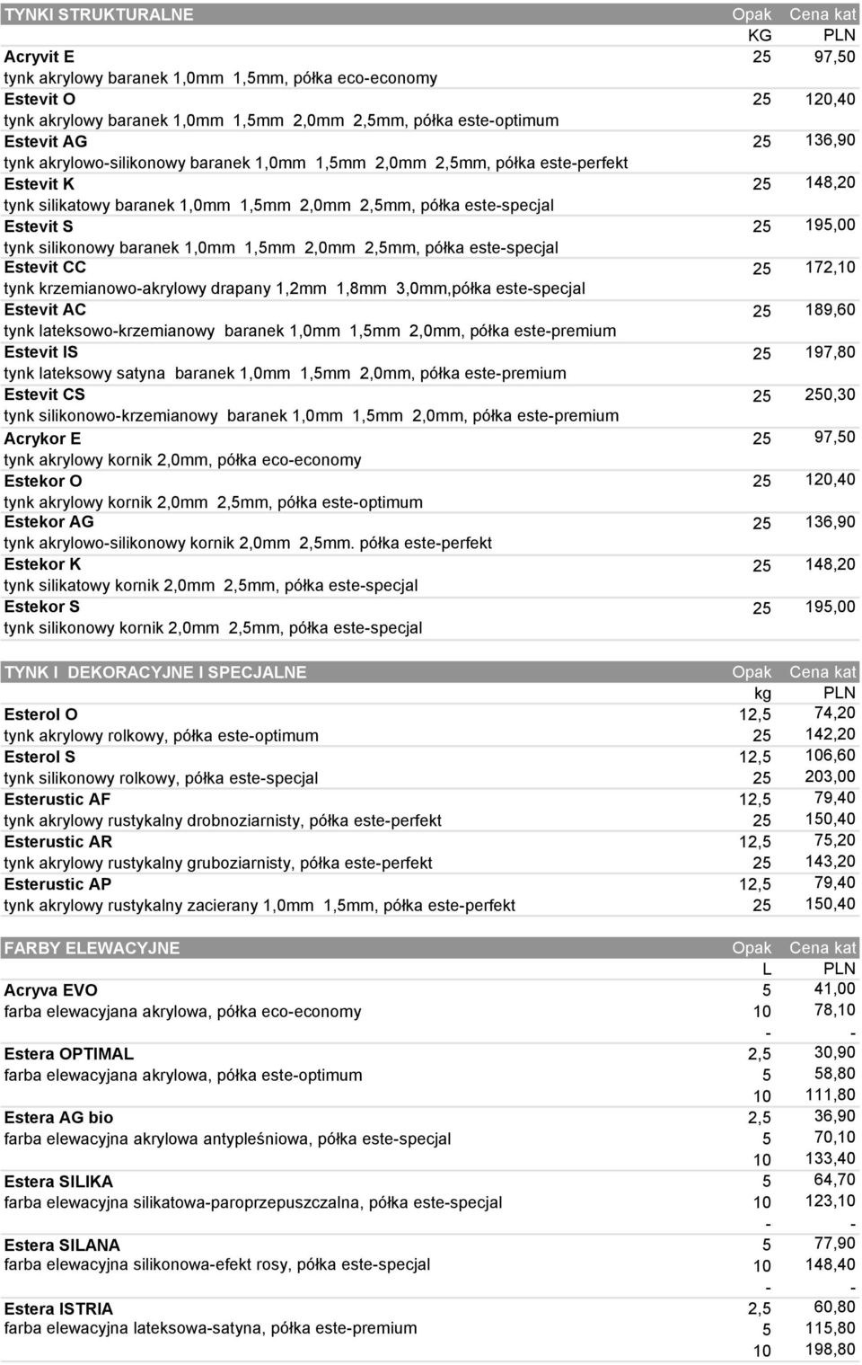 tynk silikonowy baranek 1,0mm 1,5mm 2,0mm 2,5mm, półka este-specjal Estevit CC 25 172,10 tynk krzemianowo-akrylowy drapany 1,2mm 1,8mm 3,0mm,półka este-specjal Estevit AC 25 189,60 tynk