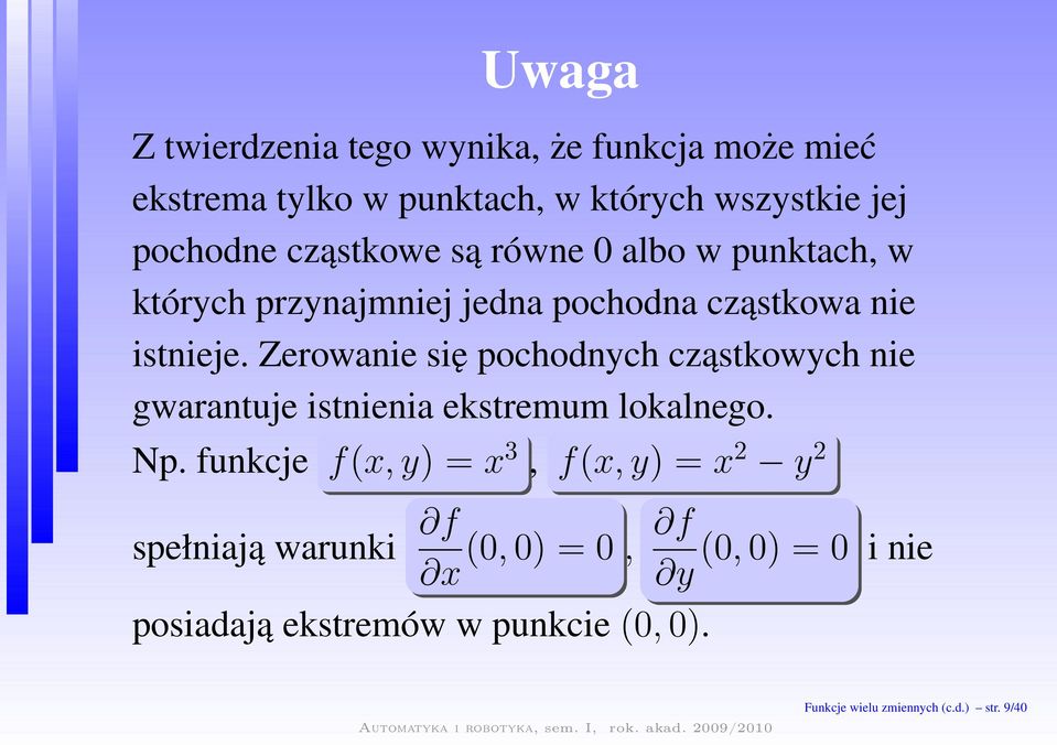 Zerowanie się pochodnych cząstkowych nie gwarantuje istnienia ekstremum lokalnego. Np.