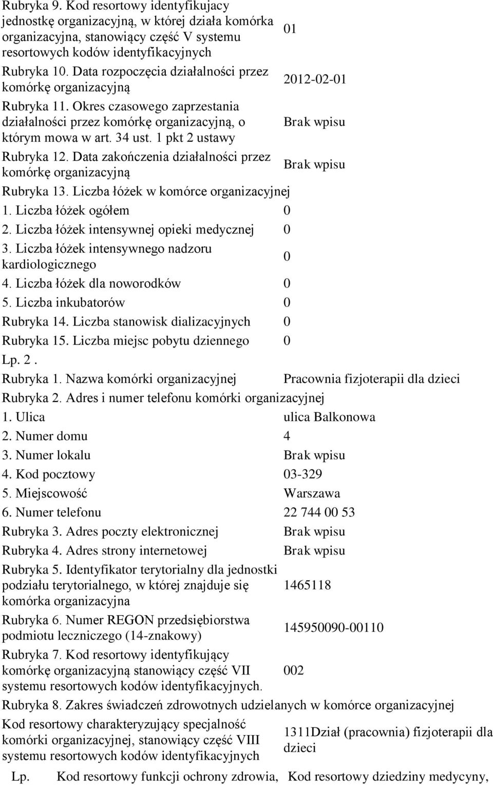 Ulica ulica Balkonowa 2. Numer domu 4 3. Numer lokalu 4. Kod pocztowy 3-329 6. Numer telefonu 22 744 53 Rubryka 3.