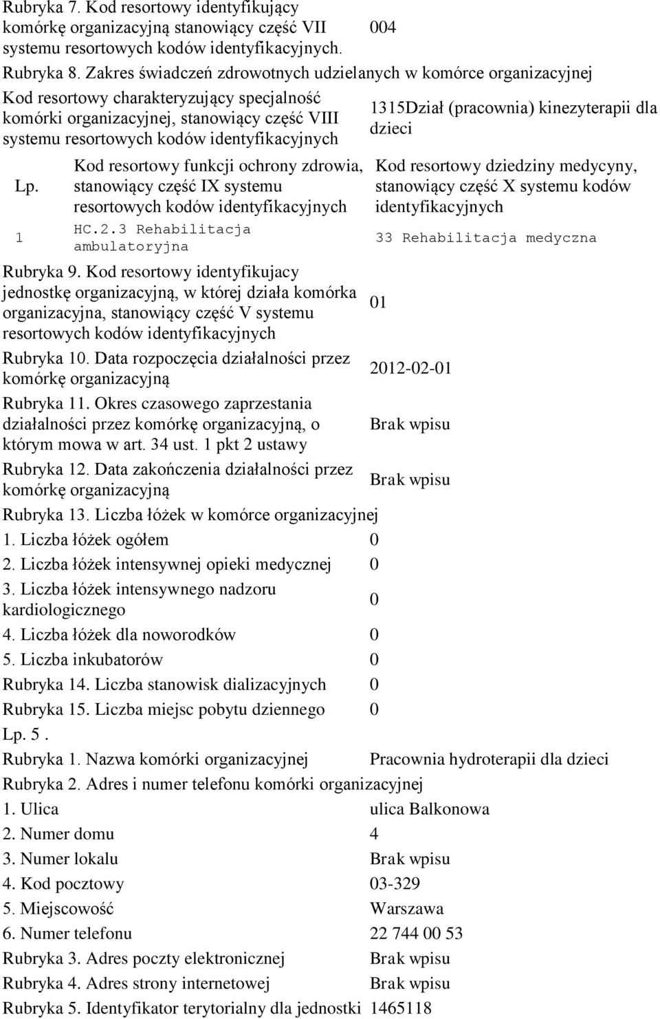 Liczba łóżek ogółem 2. Liczba łóżek intensywnej opieki medycznej 4. Liczba łóżek dla noworodków 5. Liczba inkubatorów Rubryka 4. Liczba stanowisk dializacyjnych Rubryka 5.